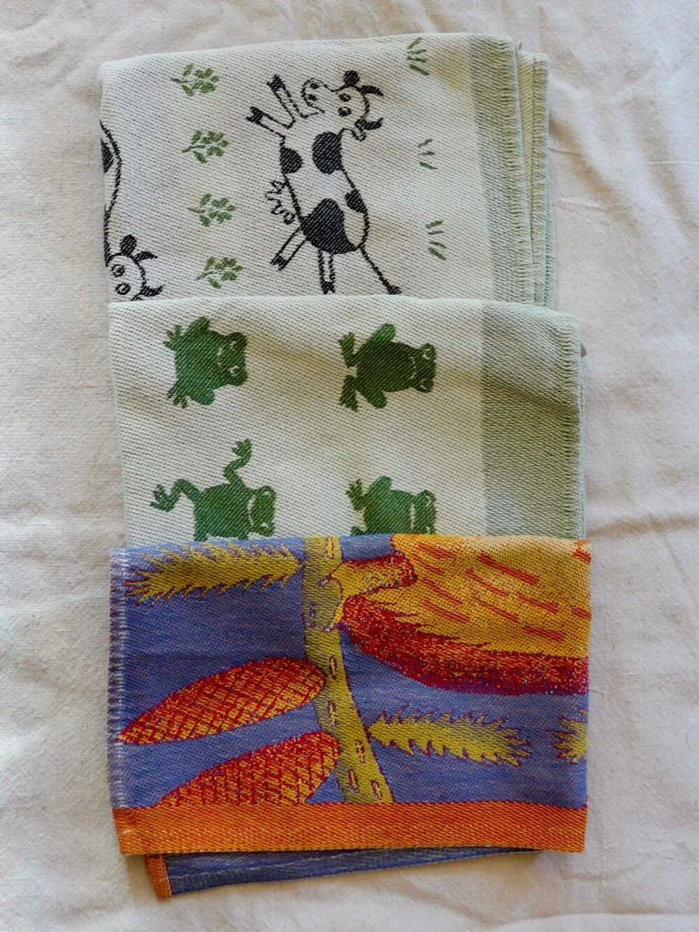 Set of three Ekelund Master Weavers Cotton Kitchen Towels – Cow, Frog and Owl